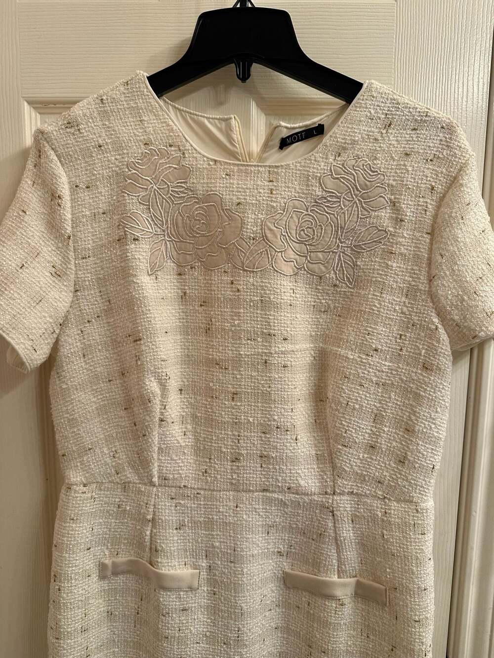 MOTF Cream Metallic Tweed Short Sleeve Sheath Dress with Floral Appliqué - Picture 3 of 4